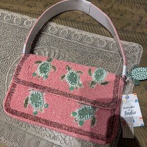 Viral Pink Turtle Beaded Shoulder Bag W/Charm Made in India